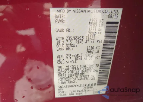 2015 Nissan Murano Sl z USA, uszkodzony, nr VIN 5N1AZ2MH2FN256668